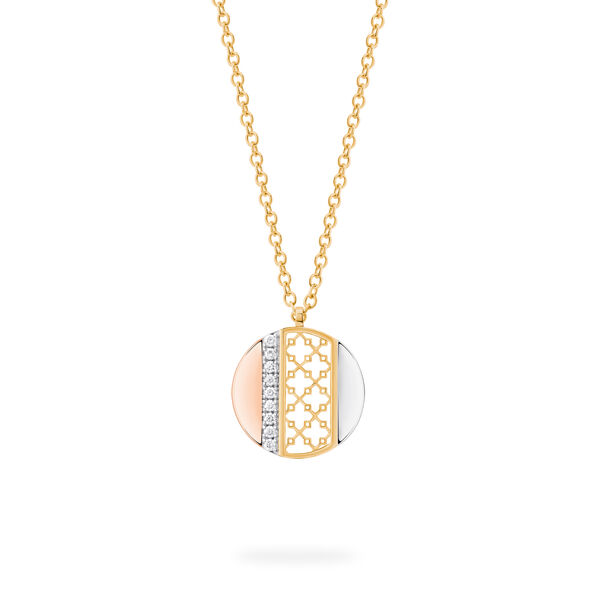 Collier pendentif disque en diamant, trio d&rsquo;or